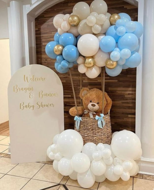 Baby Shower Balloon White, Beige, Light Gold and Blue with Teddy Bear Designed Hot air Balloon and Customize KT Arch Board Setup - Perfect for special occasions!