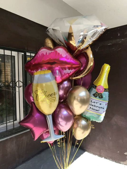 Engagement Gold Diamond Ring with Lips, Champagne Bottle and Glass, Helium Bunch Pink Star-Shaped and Chrome Pink and Light Gold Latex - Bridal Shower Perfect for Special Occasions!