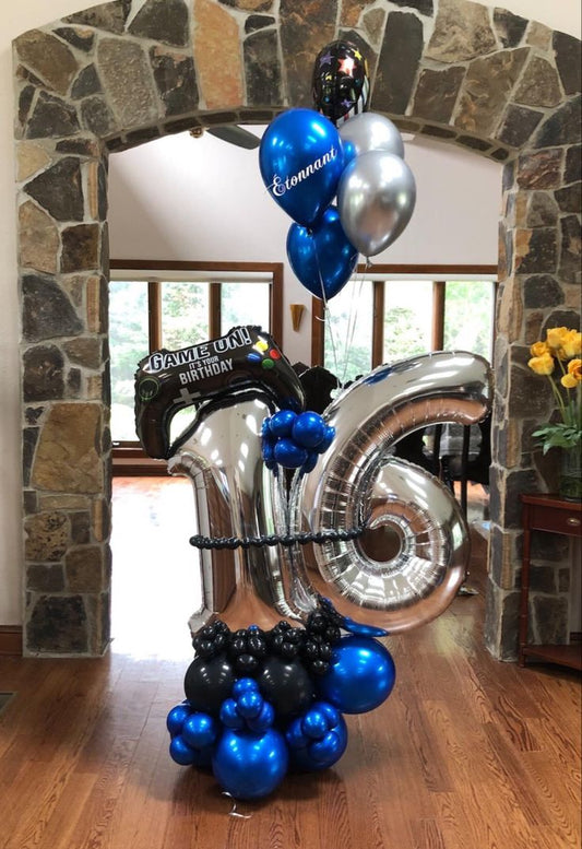 Platform Silver Numbers '16' with Latex Black, Chrome Blue with Game Controller accents and Latex Helium Bunch and 'Happy Birthday' Foil – Customizable Design