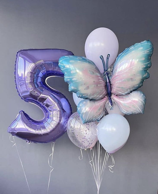 Helium Balloons Single Number Set Purple '5' and Latex Blue, Purple and Clear with Confetti, Butterfly Foil Bunch - Garden-Themed Perfect for any Occasions!