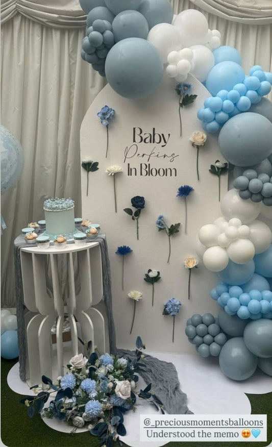Customizable Board Backdrop with Different Shades of Blue, White Balloons and Artificial Flowers - Perfect for any celebration!