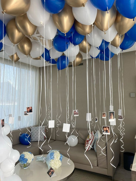 Helium Ceiling Latex White Blue Light Gold Balloons with Personalize Photos - Customizable Design