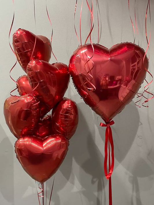 7pcs 20" with 35" Red Heart-Shaped Helium Foil Balloons Bunch with Bow Tie - Valentine's, Anniversary Perfect for special occasions!