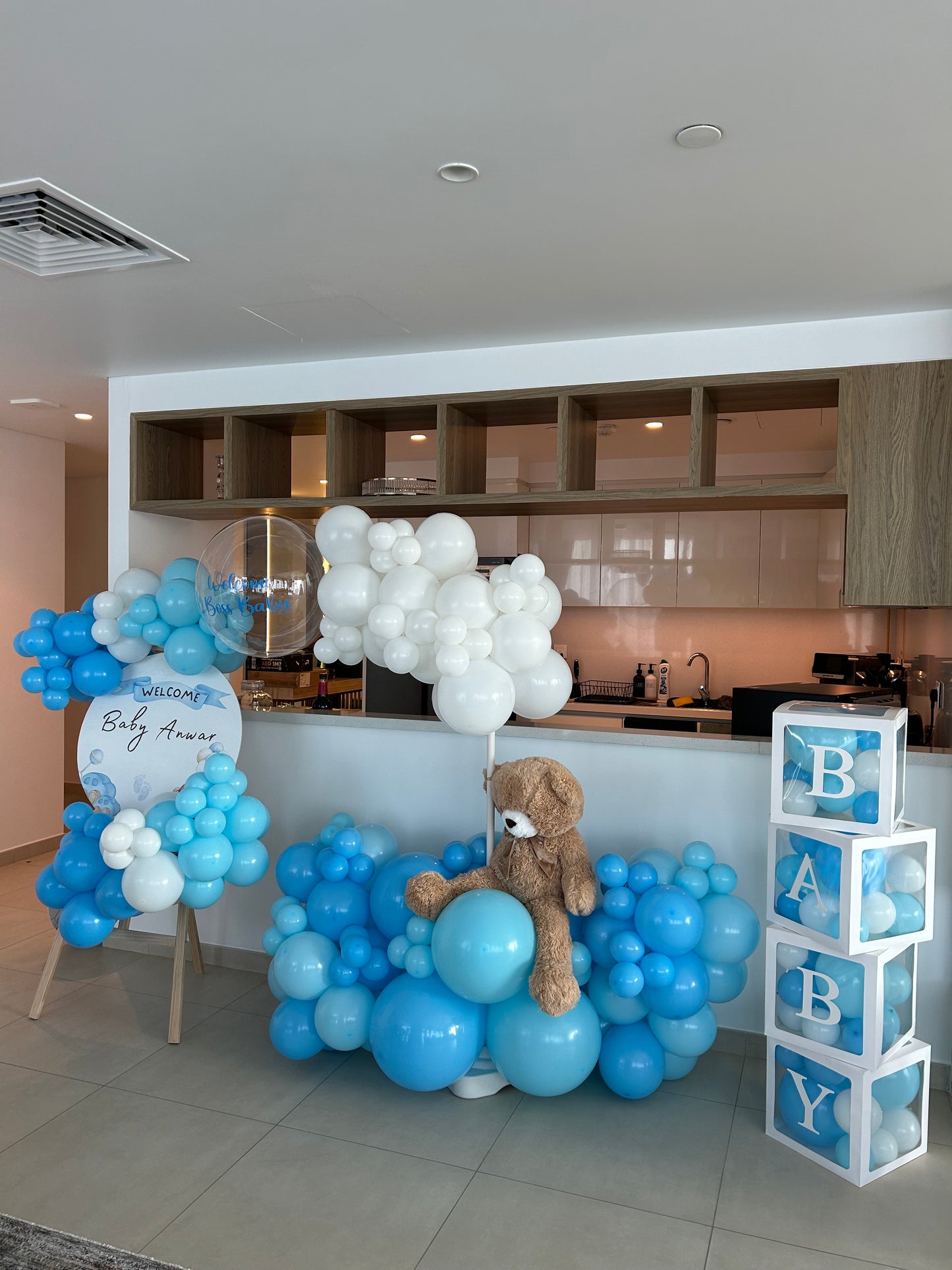 Hospital or Home Welcoming Baby Balloon White Blue with Customize Sticker Teddy Bear and Customize Welcome Board, BABY Box with Mini Balloons - Perfect for special occasions