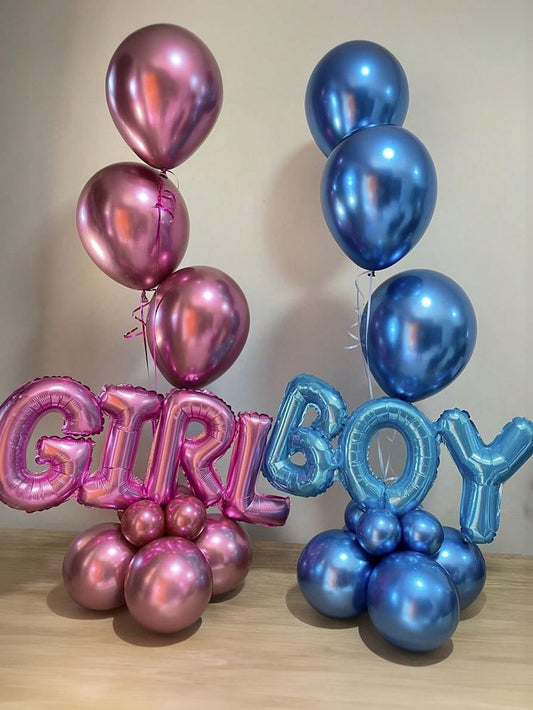 Helium Balloons Chrome Pink and Blue with Banner 'Boy' 'Girl' accents - Customizable Design