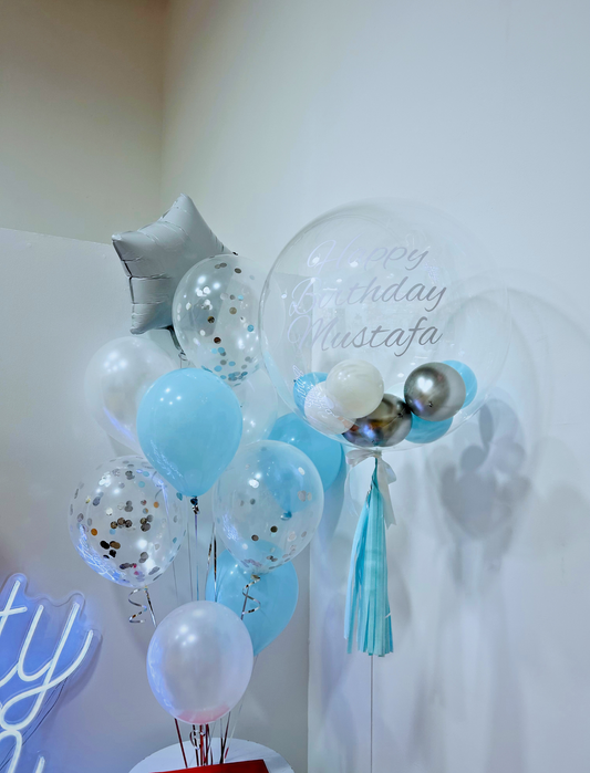 Personalised Helium Balloon Blue and Confetti Balloon Set with Star Balloons, Transparent Balloons with Mini Balloons Inside, and Tassels – Perfect for Unique Celebrations!