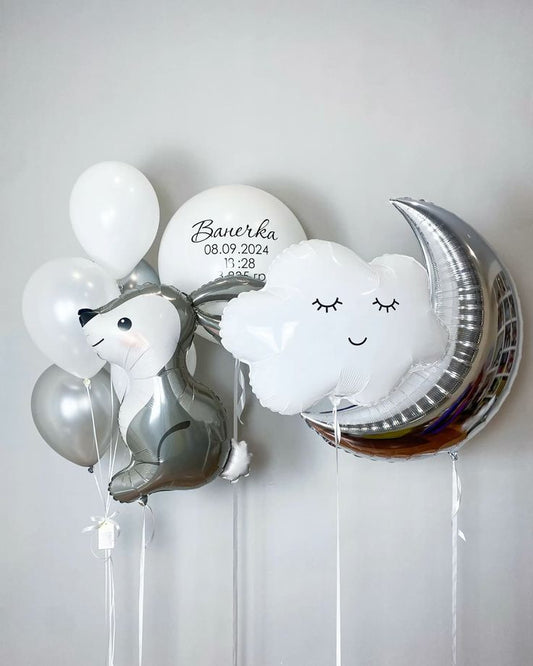 Personalised White Latex with Customize Sticker and Latex White, Pearl White and Silver Helium Bunch, White Cloud, Silver Moon and Rabbit Foil Helium Balloon - Baby Shower, Perfect for special occasions!