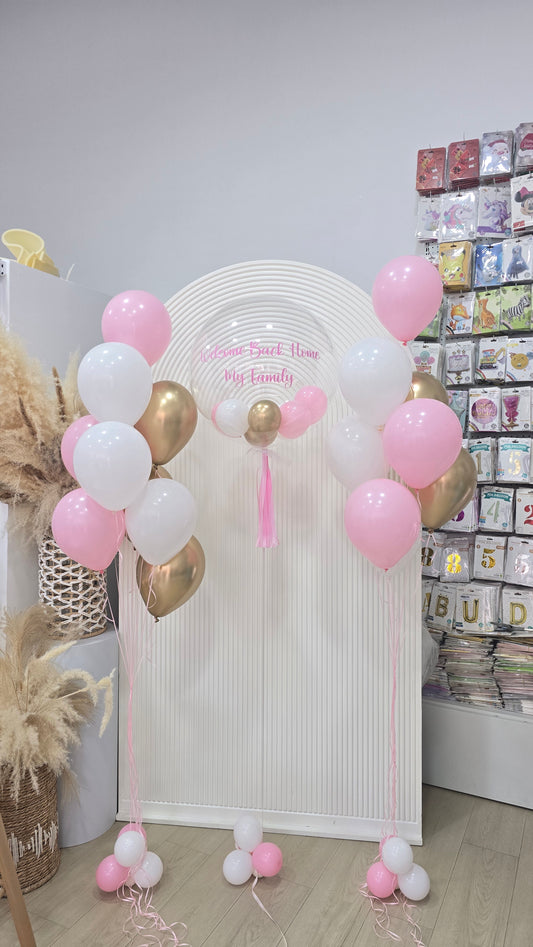 Helium Balloons Personalised Clear with Mini Latex, Customize Sticker, Latex Bunch White, Pink and Light Gold with Ribbons - Customizable Decor