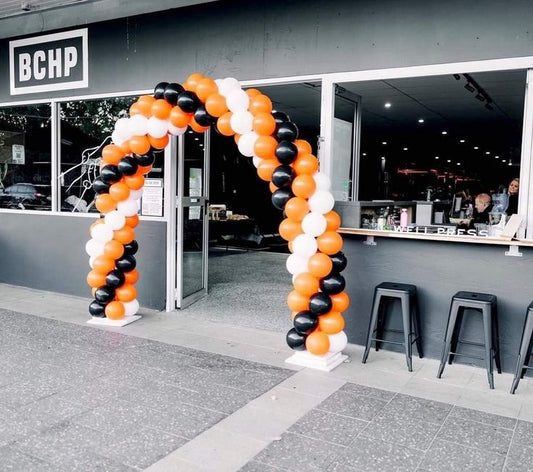 Balloon Arch White, Orange and Black Spiral Arrangement - Corporate Event, Grand Opening, Company Event Perfect for special occasion!