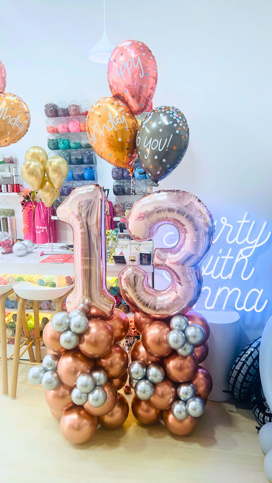 Number Balloon on Stand Rose Gold and Silver '13' with Helium Foil Balloon 'Happy Birthday To You'