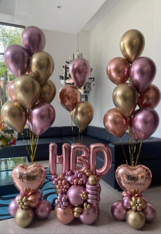 Platform Rose Gold 'HBD' with Heart-Shaped Balloon on Stand with Customize Sticker and Latex Helium Bunch Light Gold, Chrome Pink and Purple – Customizable Design