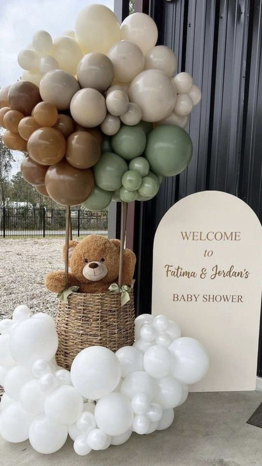 Baby Shower Balloon White, Beige, Green and Brown with Teddy Bear Designed Hot air Balloon and Customize KT Arch Board Setup - Perfect for special occasions!