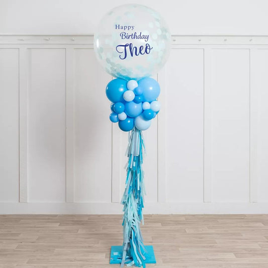 Personalised Clear Balloon with Blue Confetti and Blue Balloon with Tassels Accents Pillar/Column/Tower – Perfect for Any Celebrations