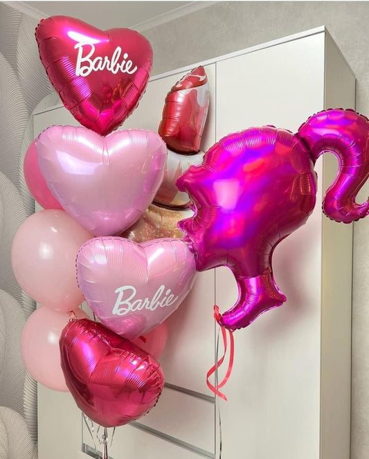 Helium Balloons Different Shades of Pink Heart-Shaped with 'Barbie' Sticker and Latex Bunch with Barbie Character and Lipstick Foil - Barbie-Themed Perfect for any Occasions