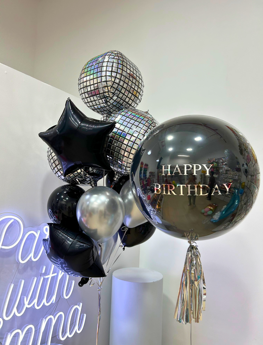 Black & Silver Balloon Set with Star & Disco Balloons – 36” Happy Birthday Balloon for Stylish Celebrations & Party Decor