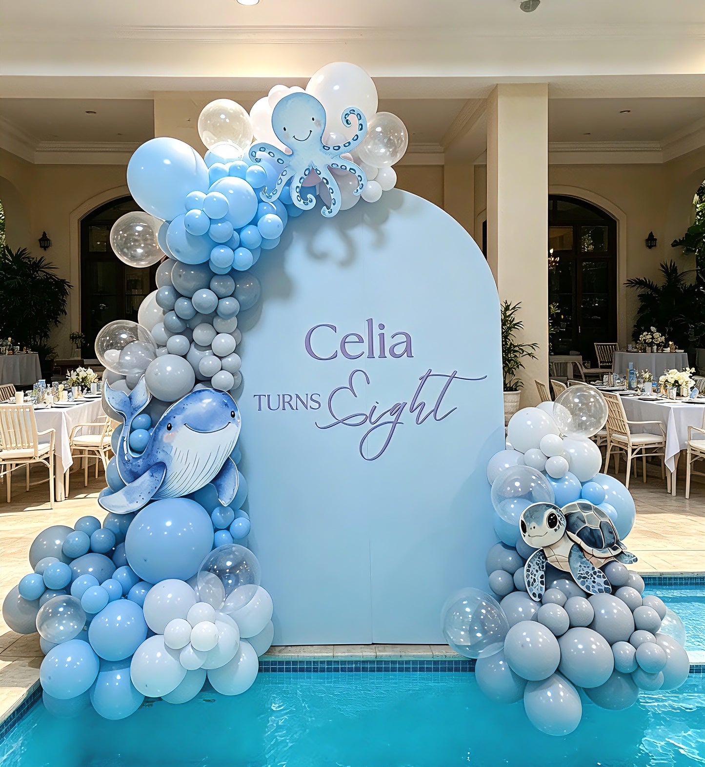 Ocean Themed Customize Backdrop with Balloon Different Shades of Blue Clear with Cutouts Whale Octopus Turtle - Perfect for Birthday Celebration!