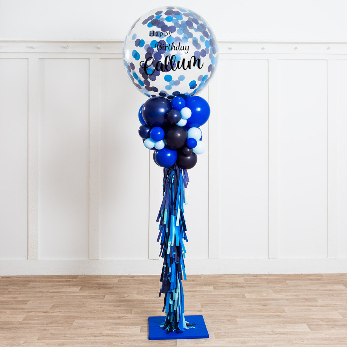 Personalised Clear Balloon with Different Shade of Blue Confetti and Balloon with Tassels Accents Pillar/Column/Tower – Perfect for Any Celebrations