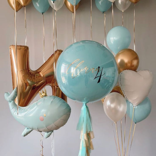 Helium Balloons Personalised Clear with Blue Latex and Customize Sticker, Latex Bunch Pear White, Blue and Gold with Whale and Letter Foil, Tassels and Ribbons - Customizable Decor