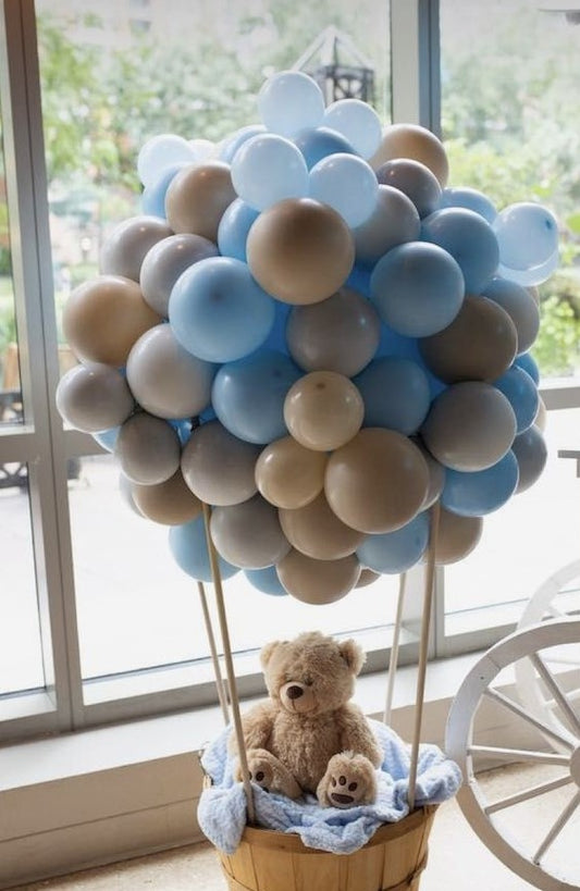 Baby Shower Balloon Beige, Gray and Blue with Teddy Bear Designed Hot Air Balloon Setup - Perfect for special occasions!