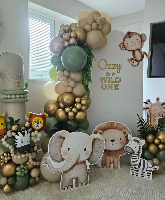 Animal Safari Customize Backdrop and Balloons Green Themed Birthday Party With Number 1 Stand