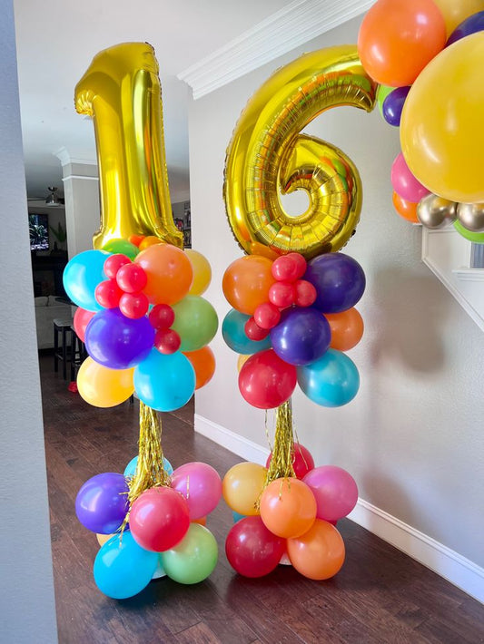 Balloon Yellow, Pink, Purple, Green, Blue, Orange and Red with Tassels, Gold Number Balloon '16' on Top Pillar/Column/Tower - Birthday, Corporate Event, Grand Opening, Company Event Perfect for special occasion