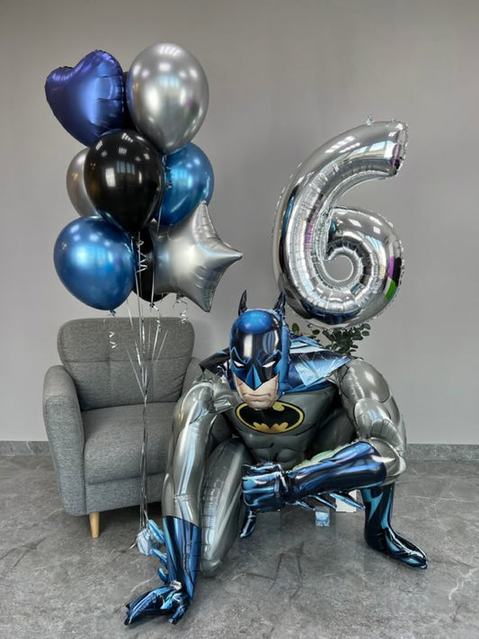 Balloon Chrome Blue, Black and Silver Latex Bunch with Star and Heart accents, Number Silver '6' Helium and Self Standing Batman - Batman-Themed Perfect for special occasions
