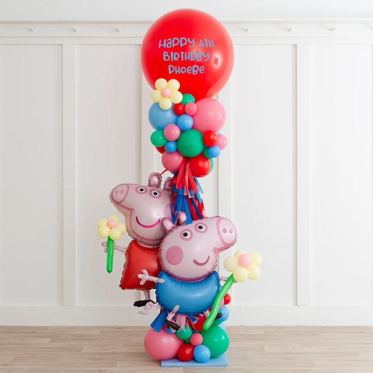 Personalised Peppa Pig Balloon with Flower and Tassels Accents Pillar/Column/Tower - Customizable for Any Cartoon-Themed Celebrations