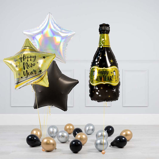 New Year's Eve Balloon Set - Champagne Bottle, Star Balloons, and 'Happy New Year' Designs with Mini Balloons