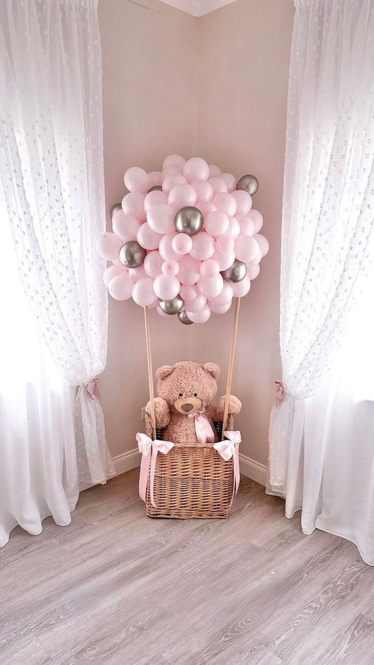 Baby Shower Balloon Pink and Silver with Teddy Bear Designed Hot Air Balloon Setup with Ribbons - Perfect for special occasions!