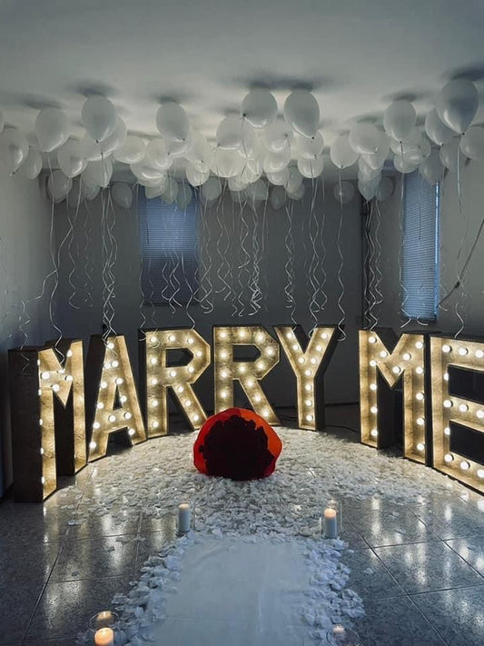 Artificial Flower Petals, LED Marquee 'MARRY ME', Candles, Fresh Flower Bouquet and Latex Ceiling Balloons - Perfect for Proposal, Wedding, Anniversary special occasions!