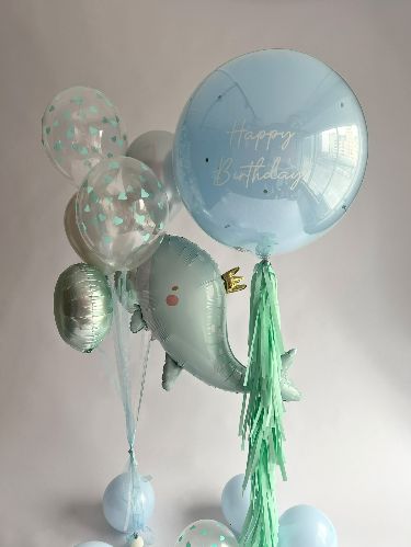 Helium Balloons Personalised Clear with Blue Latex and Customize Sticker, Latex Bunch Clear, Silver with Whale and Circle Foil, Tassels, Ribbons and Floor Balloons accents - Customizable Decor