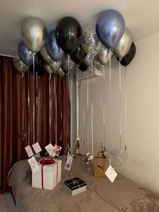 Helium Ceiling Latex Clear with Confetti, Silver, Black and Chrome Blue Balloons with Personalize Photos - Customizable Design