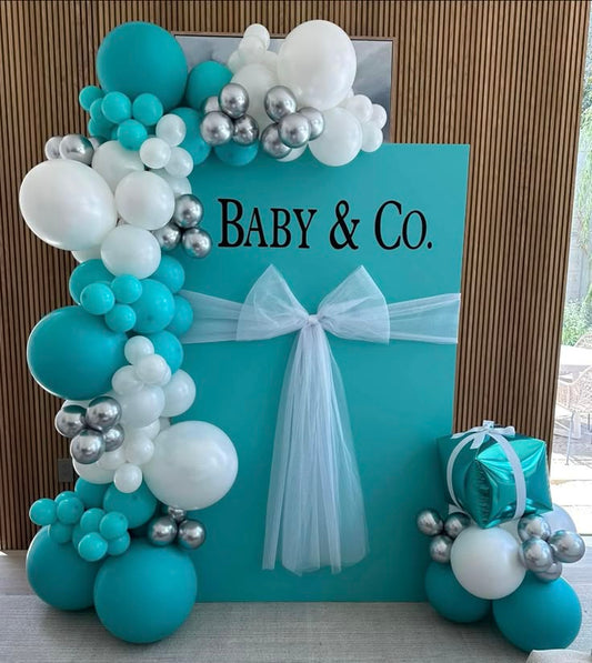Customizable Board Backdrop with Customize Fabric Ribbons and Balloons Teal, White and Silver - Perfect for any celebration!