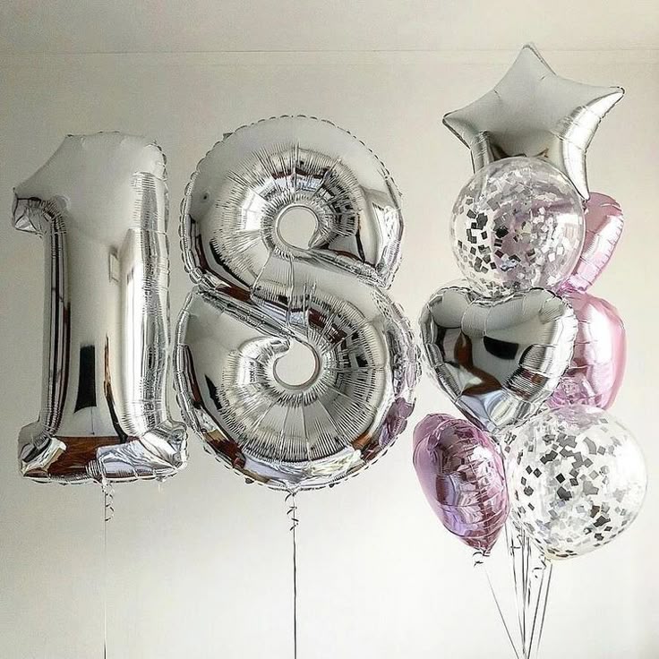 Helium Balloons Two Number Set Silver '18' and Pink Silver Heart and Star-Shaped Foil with Latex Clear with Confetti Bunch - Perfect for any Occasions!