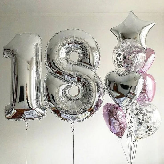 Helium Balloons Two Number Set Silver '18' and Pink Silver Heart and Star-Shaped Foil with Latex Clear with Confetti Bunch - Perfect for any Occasions!