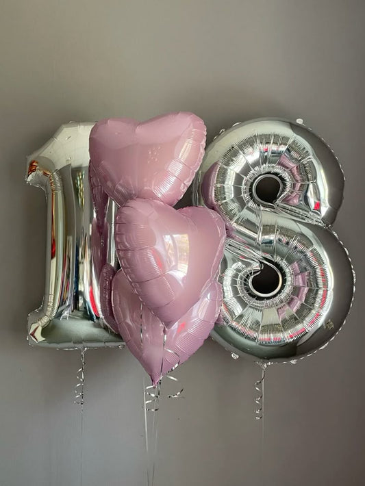 Helium Silver ‘18’ Two Number Set Balloon with Pink Heart-Shaped Foil Balloons - Birthday, Valentine's, Anniversary Perfect for any special occasions!