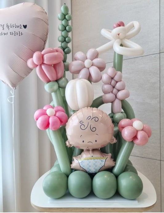 Customize Balloon Bouquet Flowers Colors Purple, Green, White and Pink with Baby Boy Balloon and Helium Heart with Customize Sticker - Perfect for any special occasions!