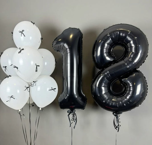 Helium Balloons Two Number Set Black '18' and Latex White with Black Ribbons Bunch - Perfect for any Occasions!