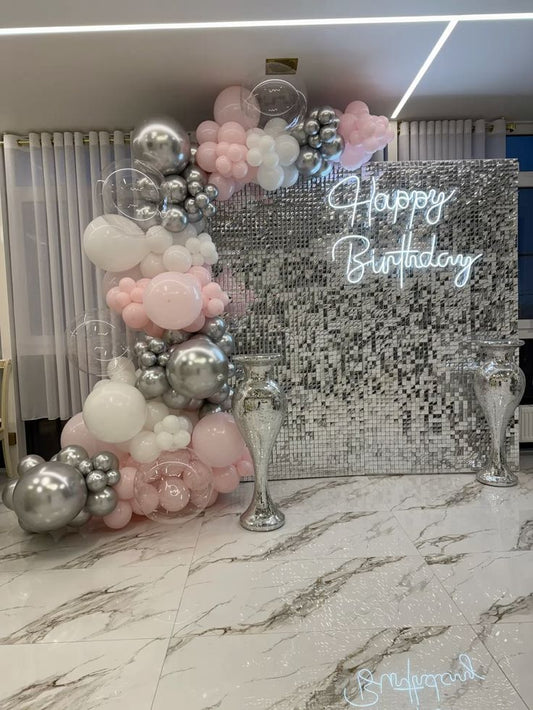 Silver Shimmer Wall Setup with Balloon Pink, White, Clear and Silver, LED Acrylic "Happy Birthday" - Perfect for any Celebration