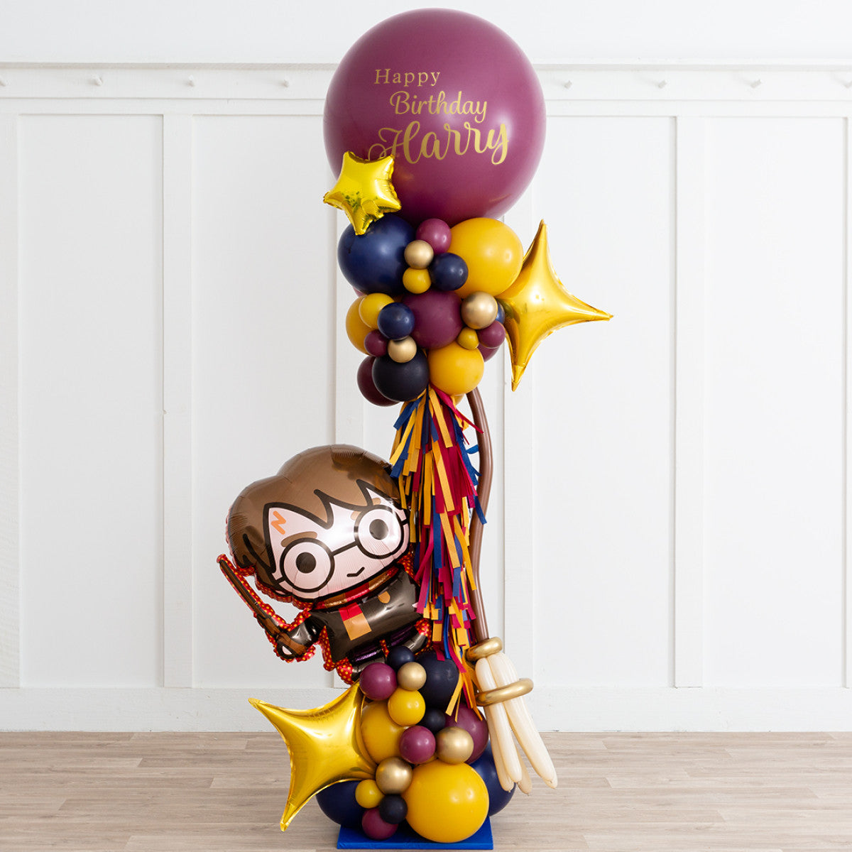 Personalised Harry Potter Theme Maroon and Gold Balloon and Tassels Pillar/Column/Tower - Customizable for Any Magical Celebrations