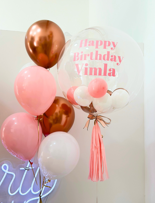 Personalised Helium Balloon Birthday Bubble Balloon with Pink, White, and Rose Gold Balloons & Tassel Tail with Helium - Perfect for Celebrations