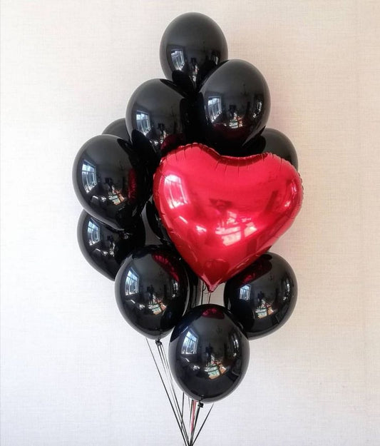 12pcs Black Latex with 1 Red Heart-Shaped Helium Foil Balloons Bunch - Valentine's, Anniversary Perfect for special occasions!