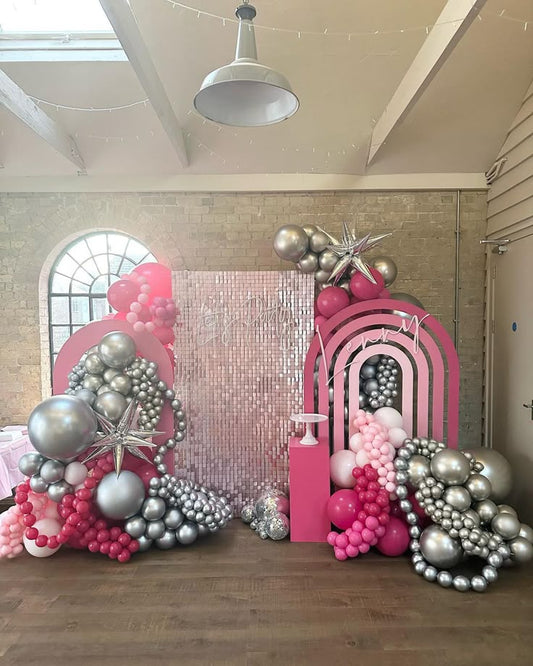 Pink Shimmer Wall Setup with Customize Backdrop and Balloon Pink and Silver with Starburst accents, LED Acrylic "Let's Party" - Perfect for any Celebration