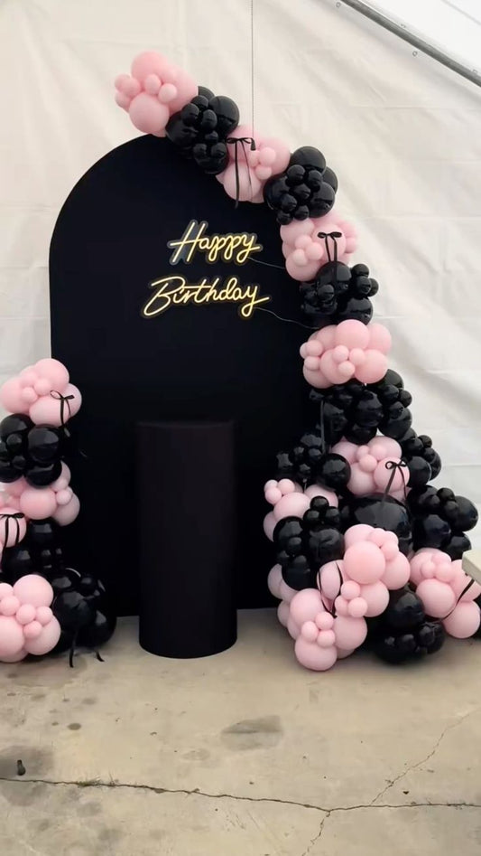 Customizable Board Backdrop with LED Acrylic 'Happy Birthday' and Balloons Black, Pink with Ribbons - Perfect for any celebration!