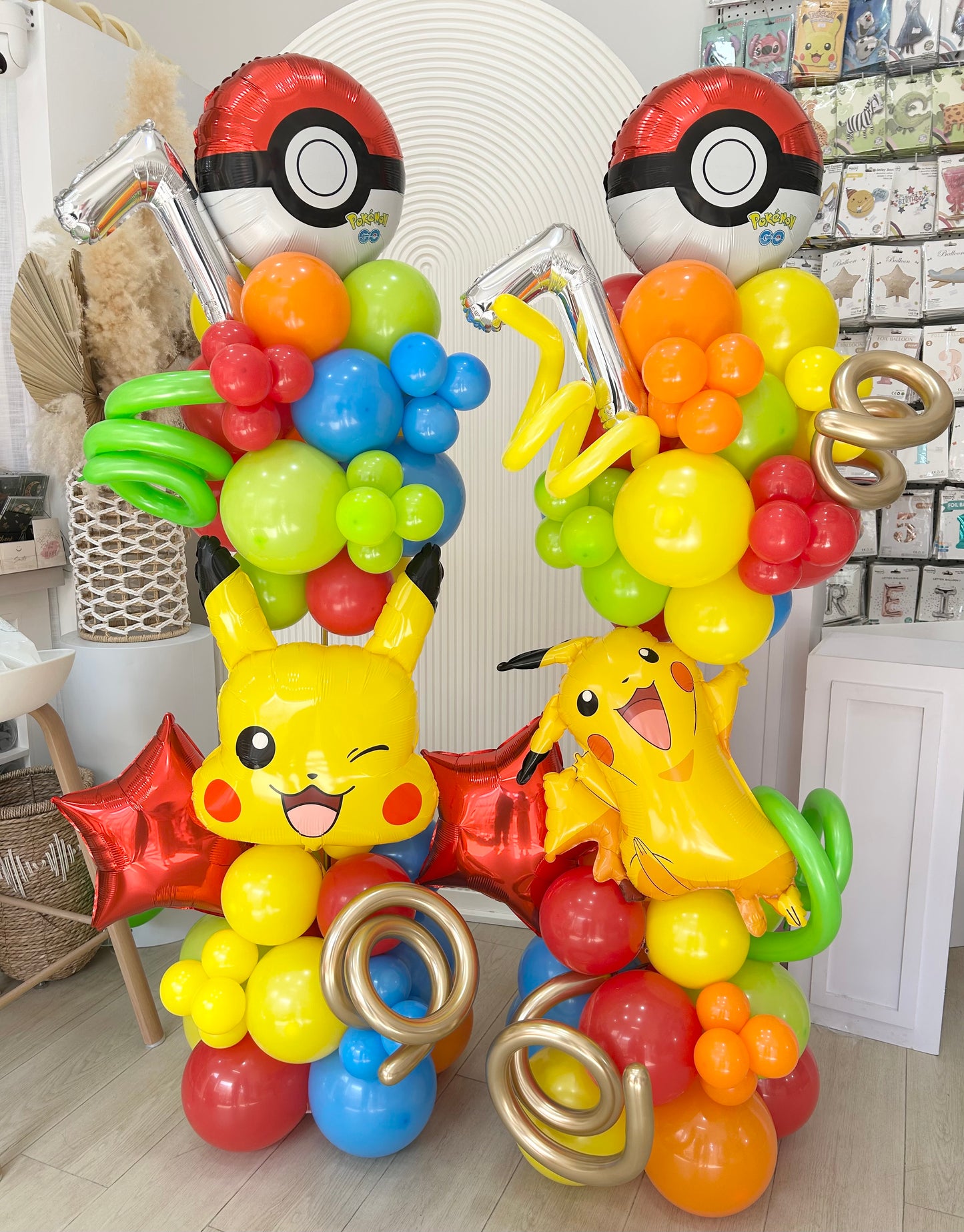 Personalised Customizable Pokemon-Themed Pillar/Column/Tower Balloons Green, Red, Orange, Blue and Yellow with Pikachu, Pokeball, Red Star and Silver Number ‘4’ and Twisted 260q accents– Perfect for Any Elegant Celebrations