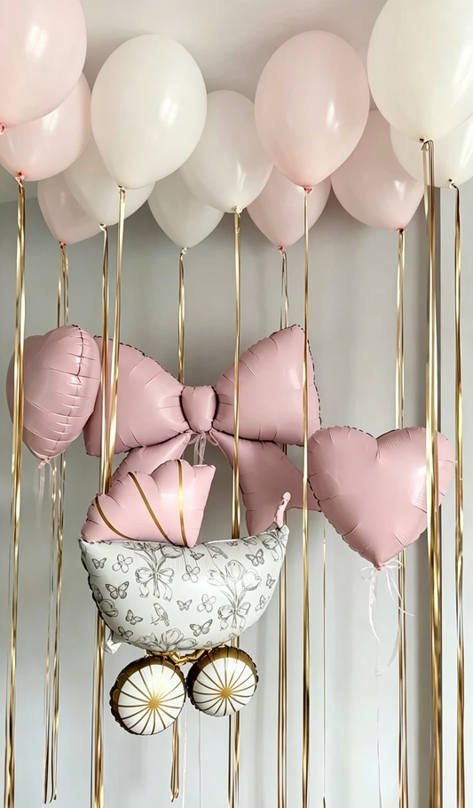 Baby Shower Stroller Pink and Gold Big Ribbon Helium Foil Balloon Personalised Baby Pink Helium Sticker Hospital Welcome Home