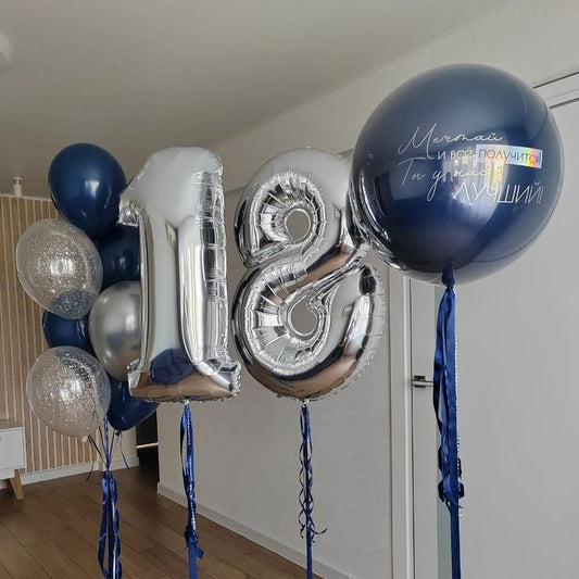 Pesonalised Clear with Nave Blue Latex, Ribbons and Customize Sticker Helium Balloons, Two Number Set Silver '18' and Latex Bunch Navy Blue, Silver and Clear with Confetti - Perfect for any Occasions!