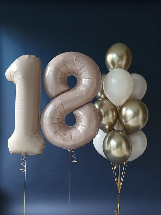 Helium Balloons Two Number Set Beige '18' with Latex Sand White and Light Gold Bunch - Perfect for any Occasions!
