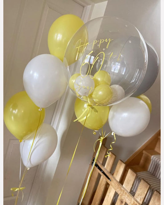 Personalised Helium Balloons Clear with Mini Balloons and Customize Sticker, Latex Bunch White and Yellow with 18-inches Gray - Perfect for any Occasions
