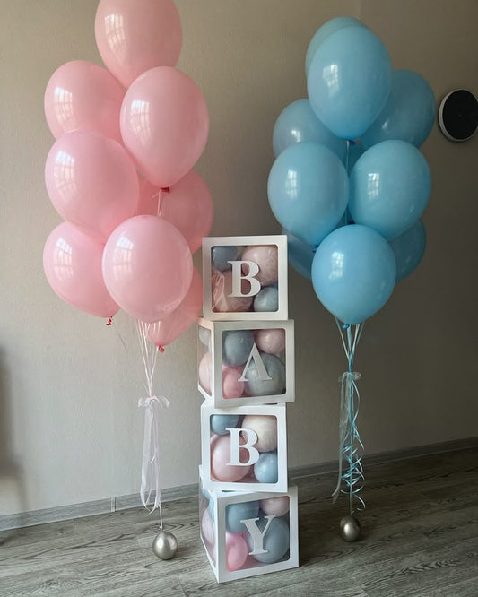 Gender Reveal Balloon Helium Latex Bunch Blue and Pink with BABY Box with Mini Latex Balloons - Customizable Design